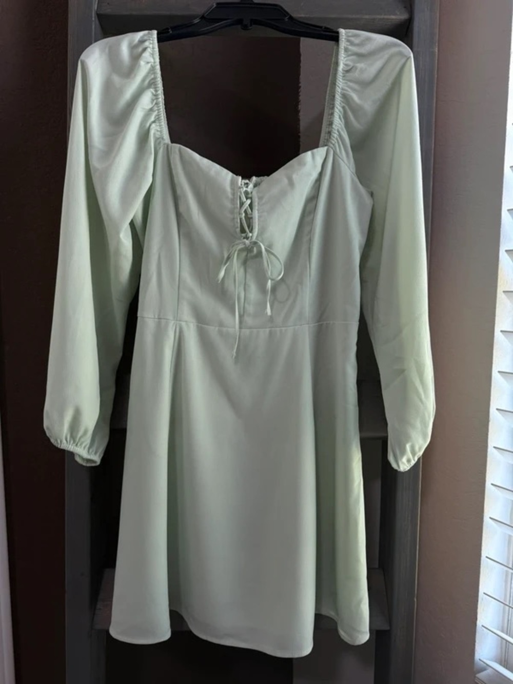 Sage Green Long Sleeve Square Neck Lace-Up Dress